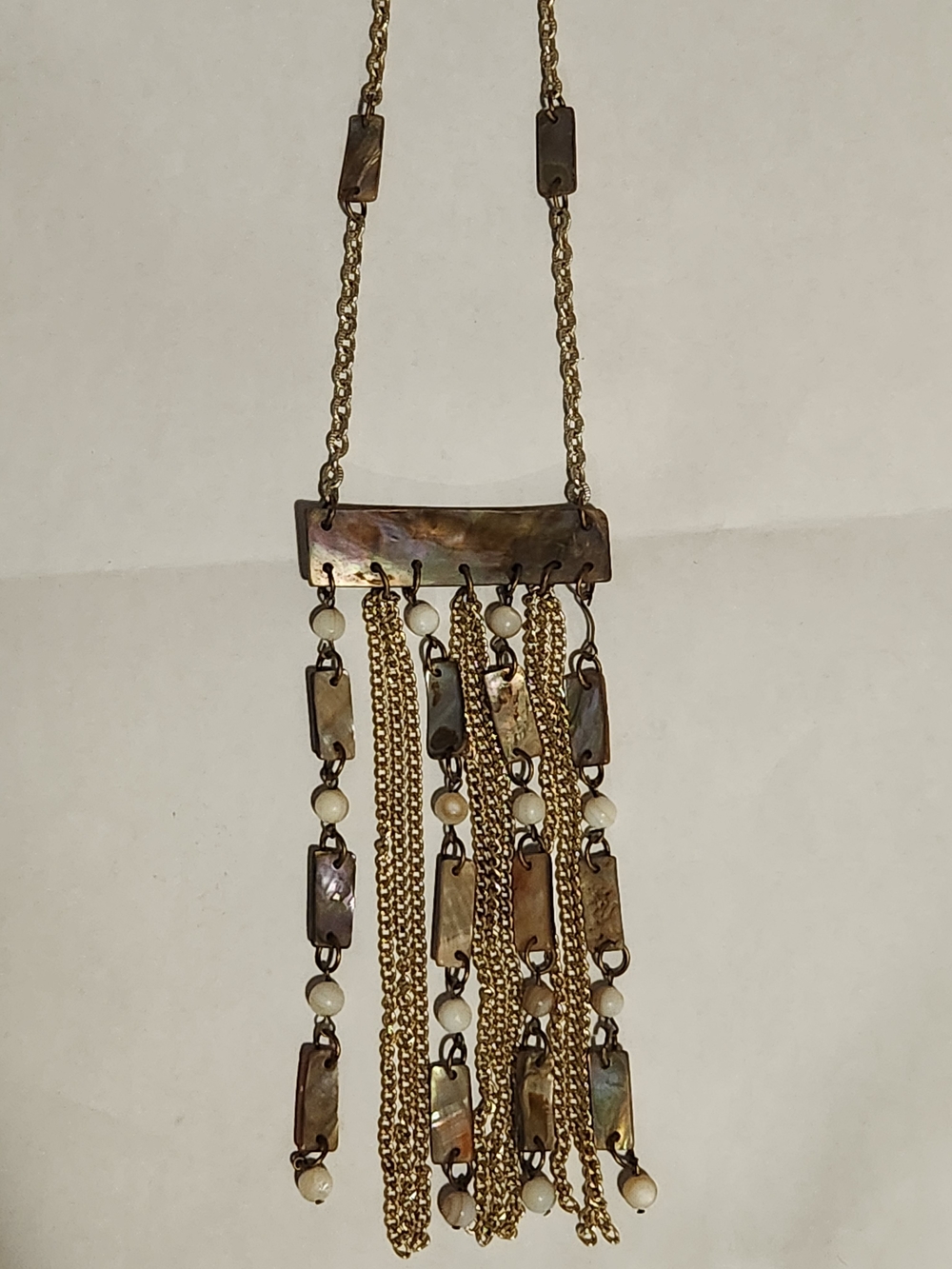 Tassel Fringe Hippy Necklace With Iridescent Abalone Shell And Agate Beads